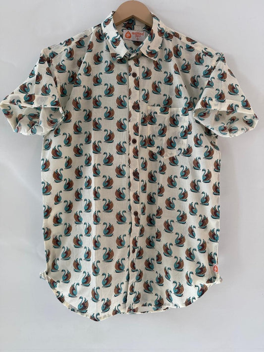 Cute Swan Print Cotton Half Sleeve Shirt for Men
