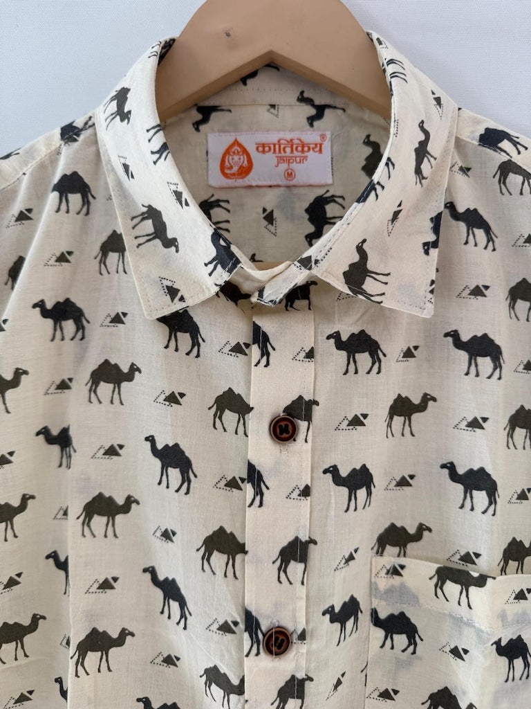 Traditional Camel Print Cotton Half Sleeve Shirt for Men