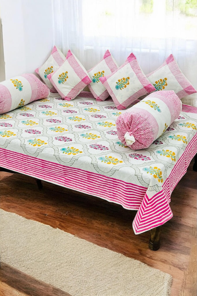 Hand Block Printed Premium Quality Diwan Set ( Set of 8 pcs )