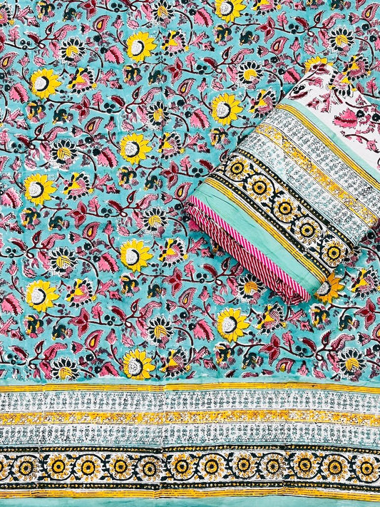 Hand Block Printed Single Bed Dohar Reversible - Pair