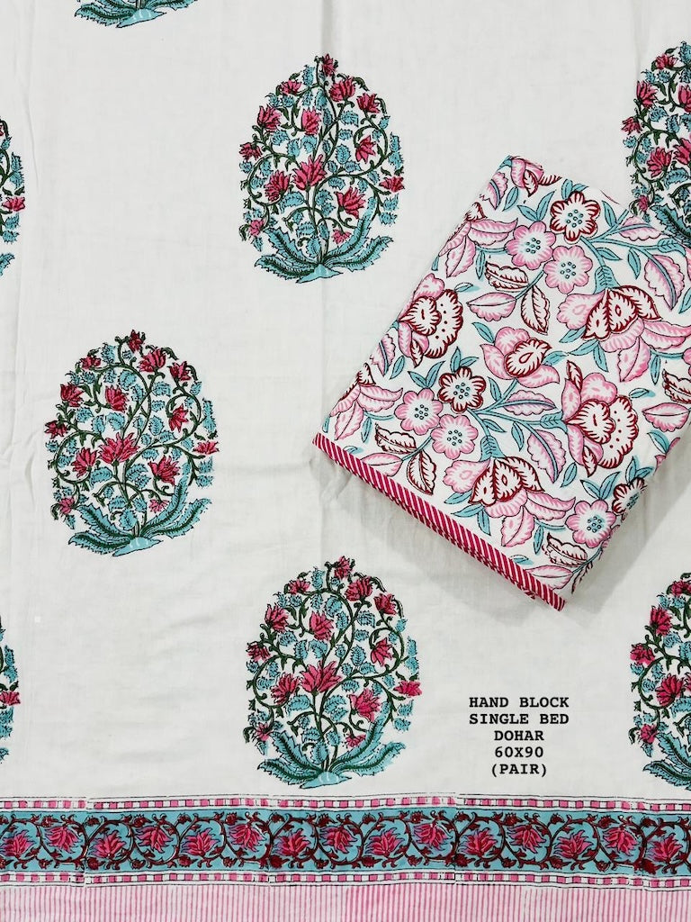 Hand Block Printed Single Bed Dohar Reversible - Pair
