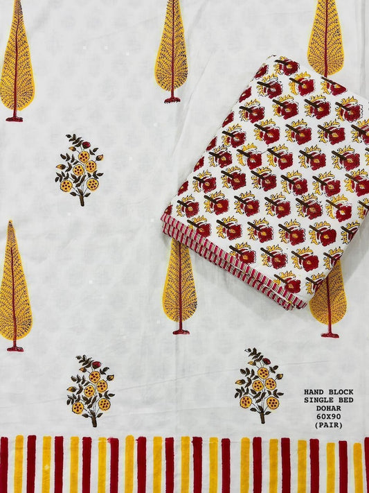 Hand Block Printed Single Bed Dohar Reversible - Pair