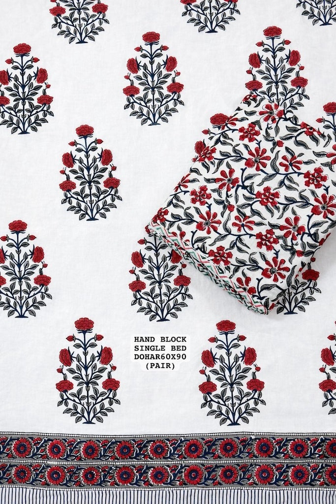 Hand Block Printed Single Bed Dohar Reversible - Pair