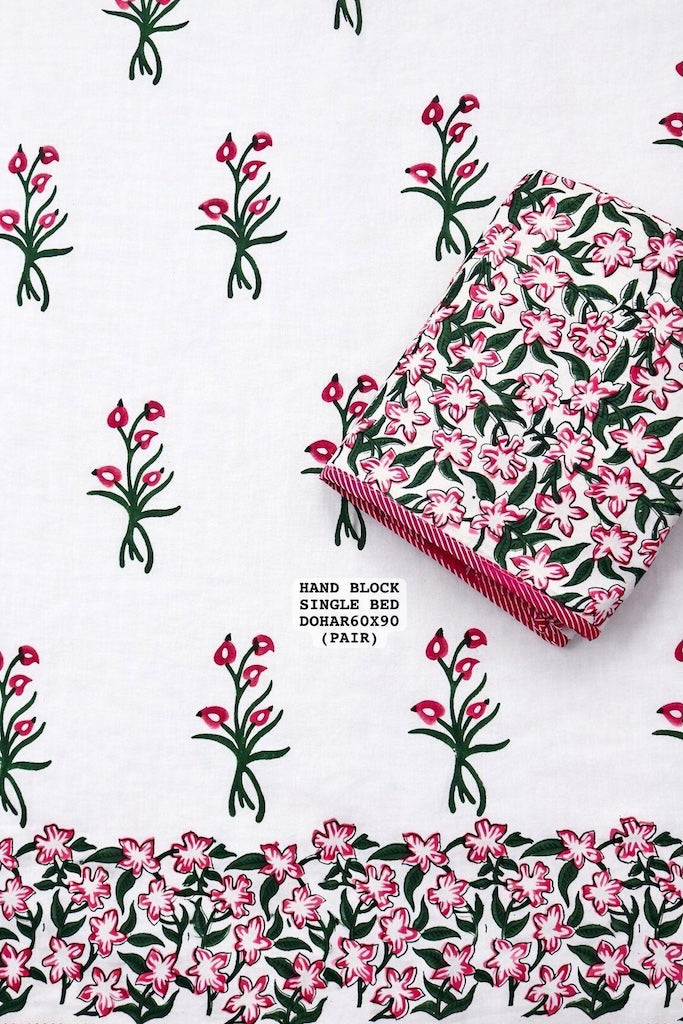 Hand Block Printed Single Bed Dohar Reversible - Pair