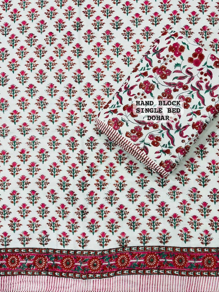 Hand Block Printed Single Bed Dohar Reversible - Pair