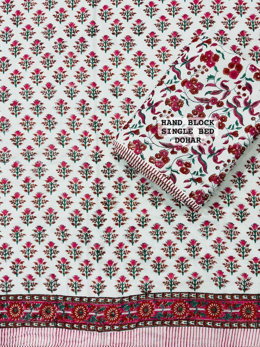 Hand Block Printed Single Bed Dohar Reversible - Pair