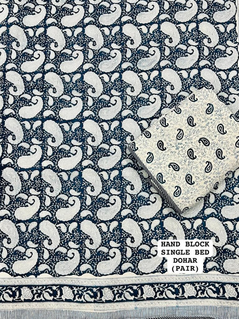 Hand Block Printed Single Bed Dohar Reversible - Pair