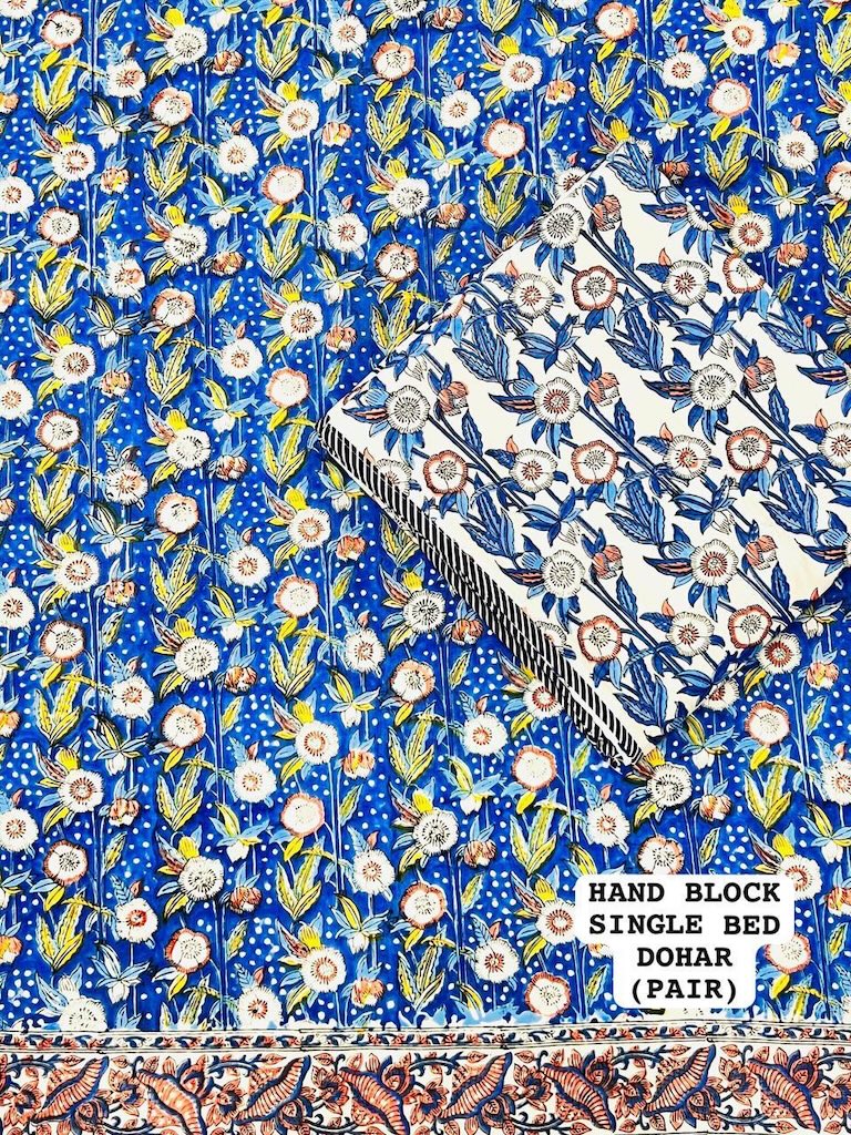 Hand Block Printed Single Bed Dohar Reversible - Pair