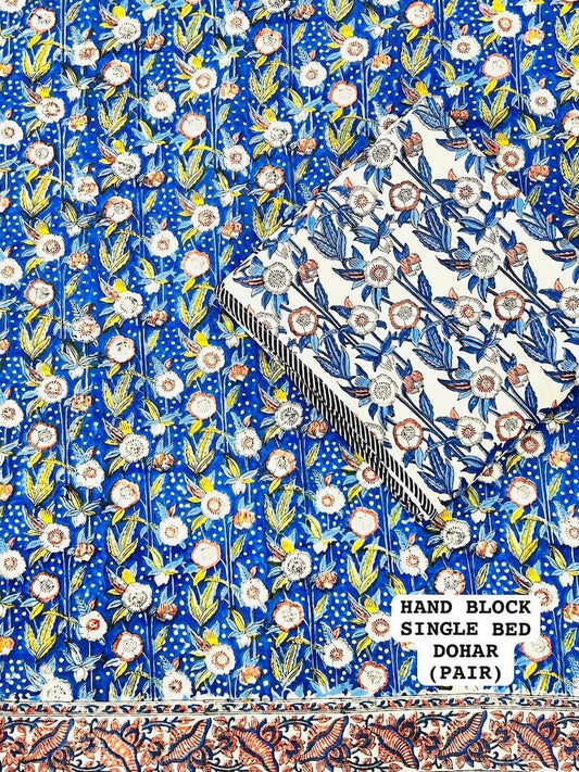 Hand Block Printed Single Bed Dohar Reversible - Pair
