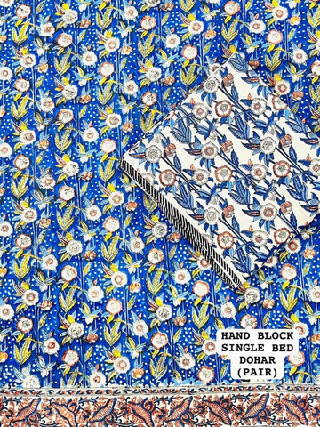 Hand Block Printed Single Bed Dohar Reversible - Pair