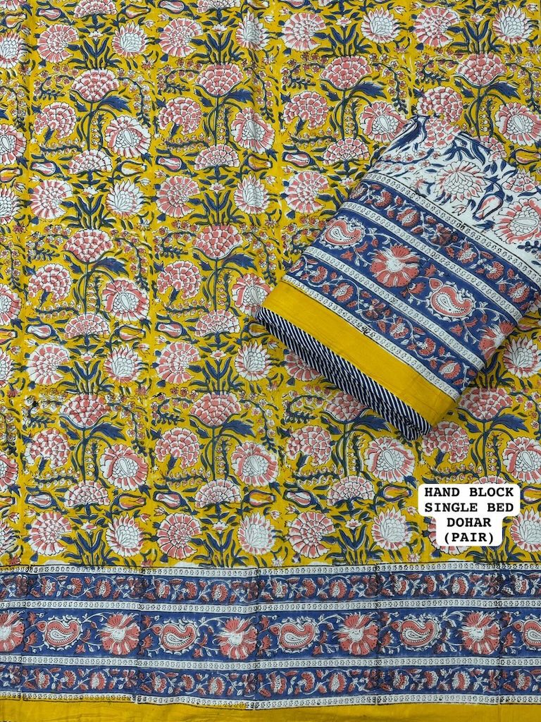 Hand Block Printed Single Bed Dohar Reversible - Pair