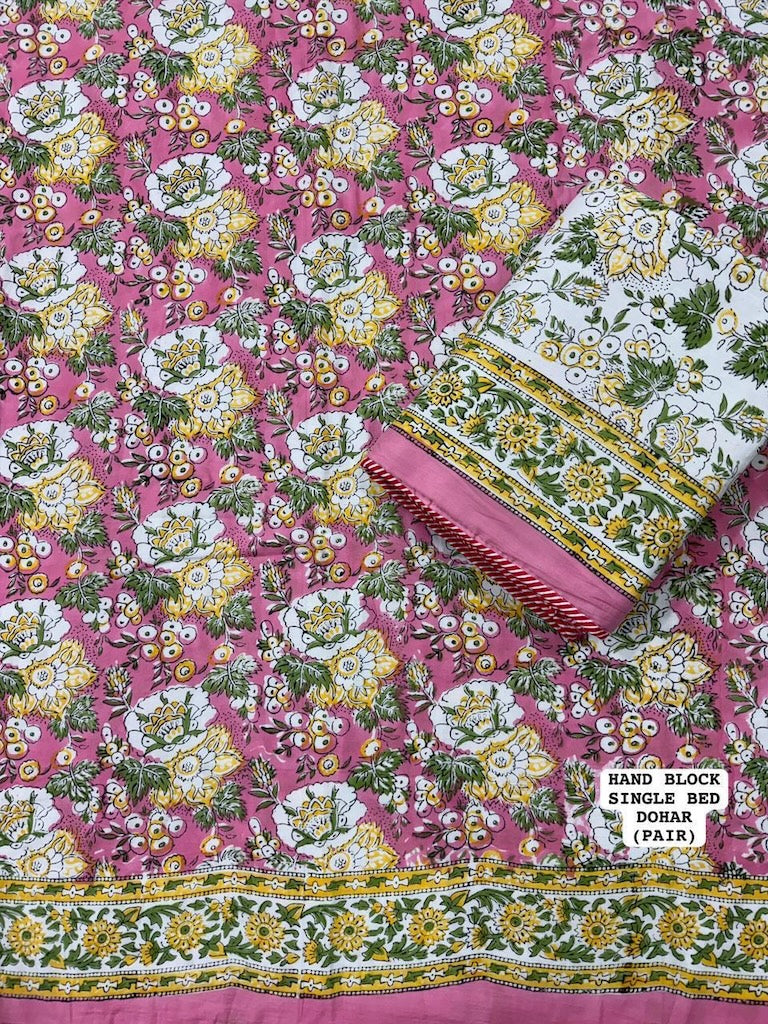 Hand Block Printed Single Bed Dohar Reversible - Pair
