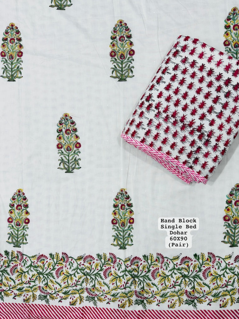 Hand Block Printed Single Bed Dohar Reversible - Pair