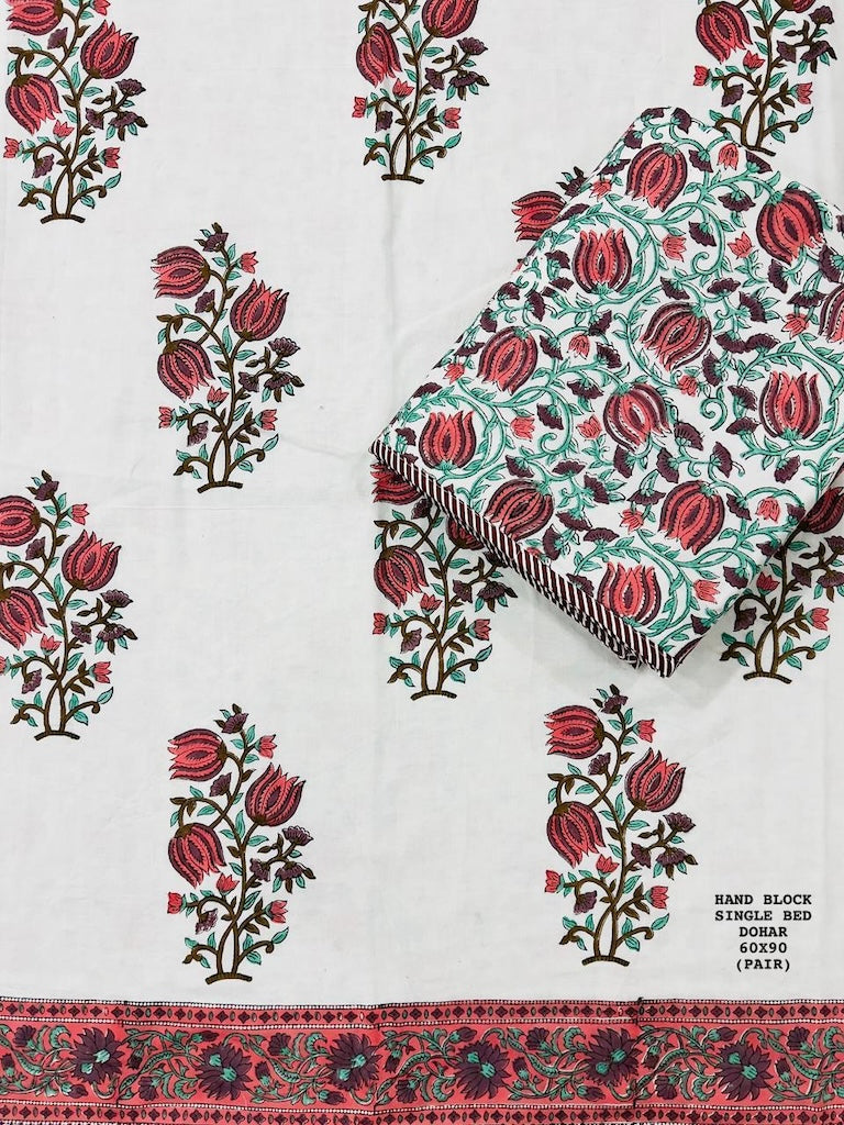 Hand Block Printed Single Bed Dohar Reversible - Pair