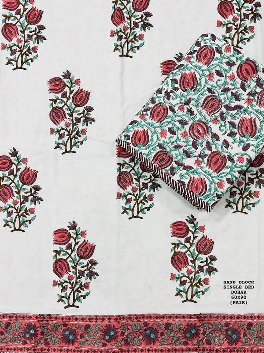 Hand Block Printed Single Bed Dohar Reversible - Pair
