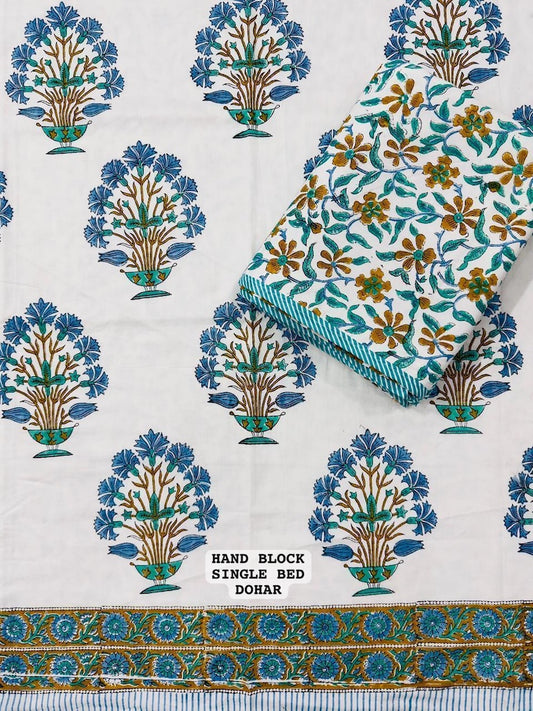 Hand Block Printed Single Bed Dohar Reversible - Pair