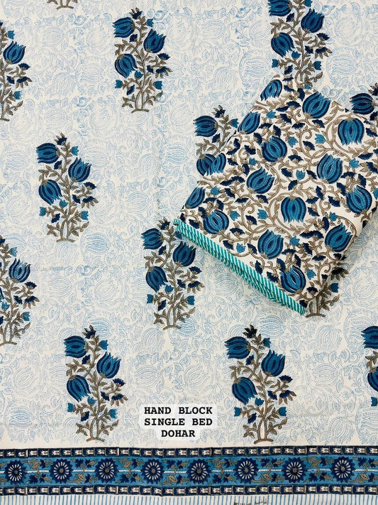 Hand Block Printed Single Bed Dohar Reversible - Pair
