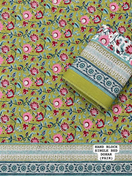 Hand Block Printed Single Bed Dohar Reversible - Pair