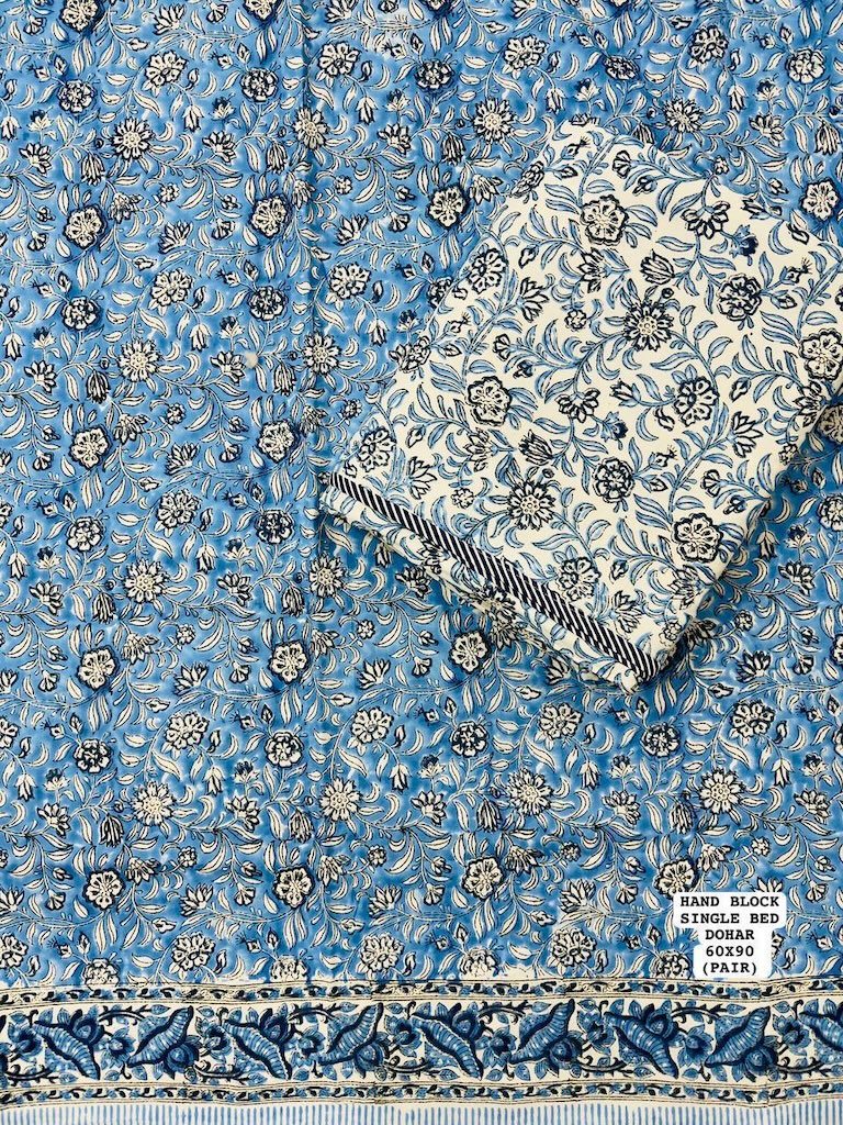 Hand Block Printed Single Bed Dohar Reversible - Pair
