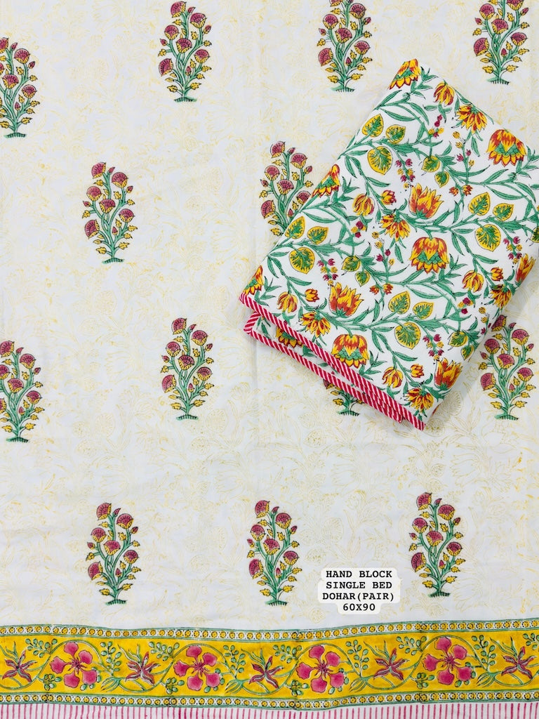 Hand Block Printed Single Bed Dohar Reversible - Pair