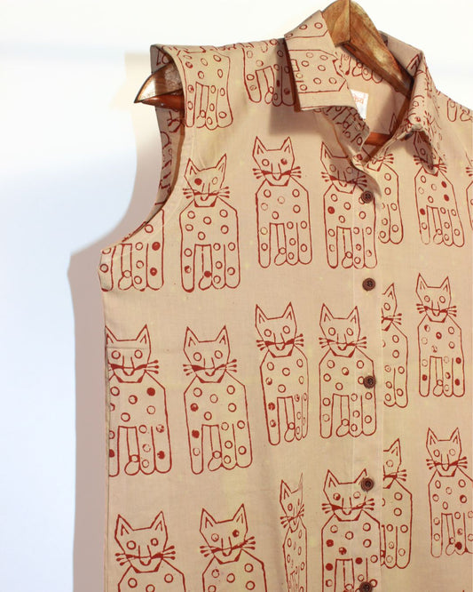 Cat Print Button Shirt Dress for Women