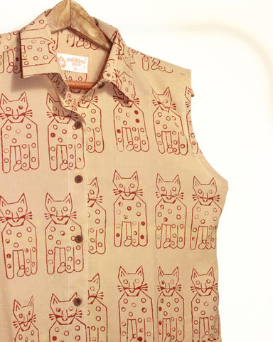 Cat Print Button Shirt Dress for Women