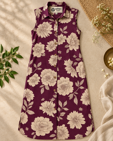 Bold Floral Cotton Long Shirt Dress for Women