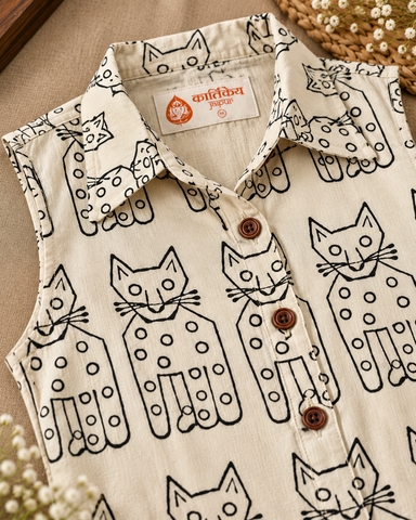 Cat Print Sleeveless Long Shirt Dress for Women - Black