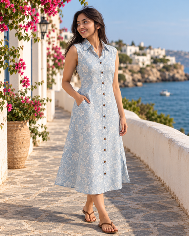 Women's Long Cotton Shirt Dress - Sleeveless Style