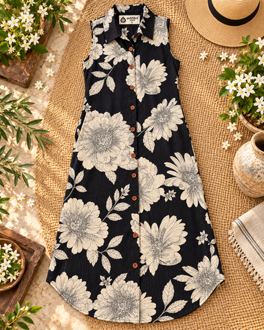 Floral Print Sleeveless Long Shirt Dress