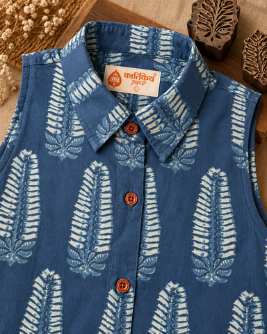 Classic Indigo Print Long Shirt Dress for Women - Organic