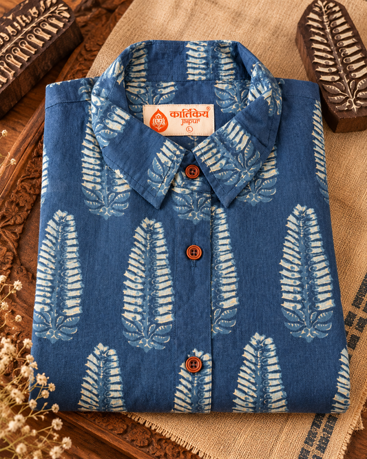 Classic Indigo Print Long Shirt Dress for Women - Organic