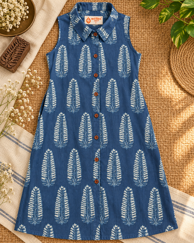 Classic Indigo Print Long Shirt Dress for Women - Organic