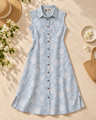 Women's Long Cotton Shirt Dress - Sleeveless Style