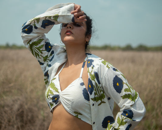 Floral Print Shirt & Bralette Combo Set - Oversized
