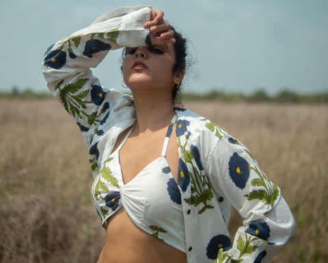Floral Print Shirt & Bralette Combo Set - Oversized