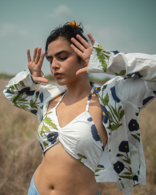 Floral Print Shirt & Bralette Combo Set - Oversized