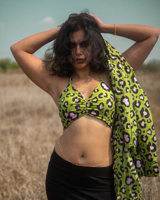 Leopard Print Shirt & Bralette Combo Set - Green