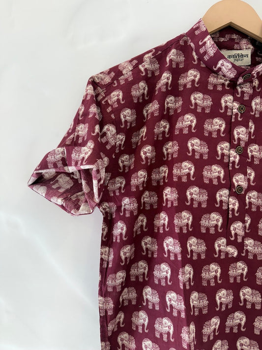 Elephant Print Half Sleeve Cotton Short Kurta for Men