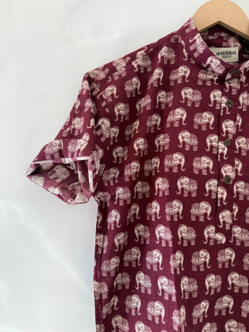 Elephant Print Half Sleeve Cotton Short Kurta for Men