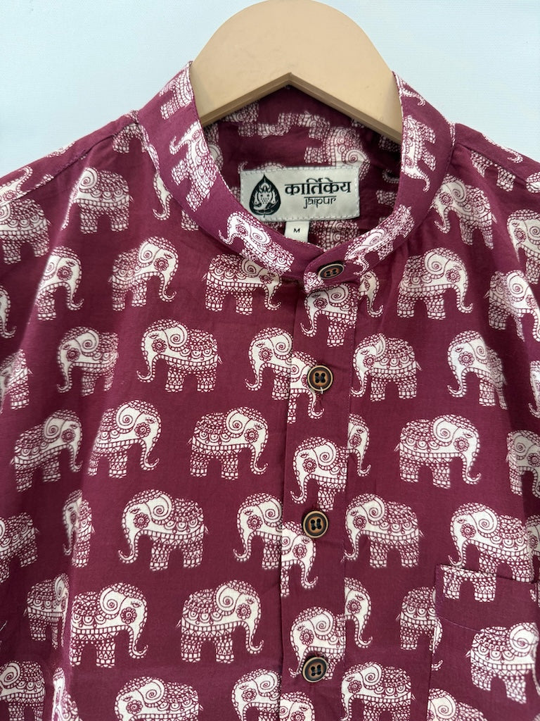 Elephant Print Half Sleeve Cotton Short Kurta for Men