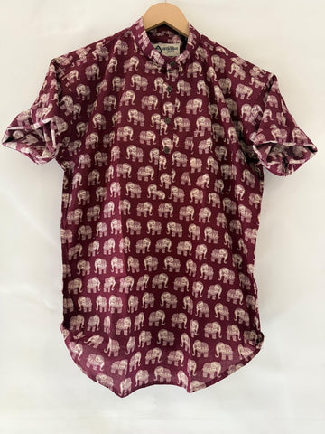 Elephant Print Half Sleeve Cotton Short Kurta for Men