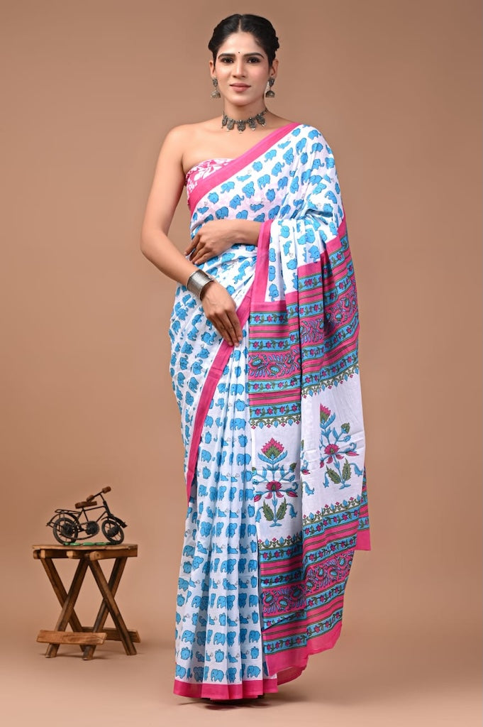 Elephant Print Cotton Mulmul Block Printed Saree