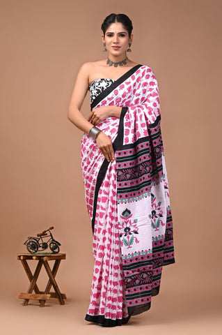 Elephant Print Cotton Mulmul Block Printed Saree