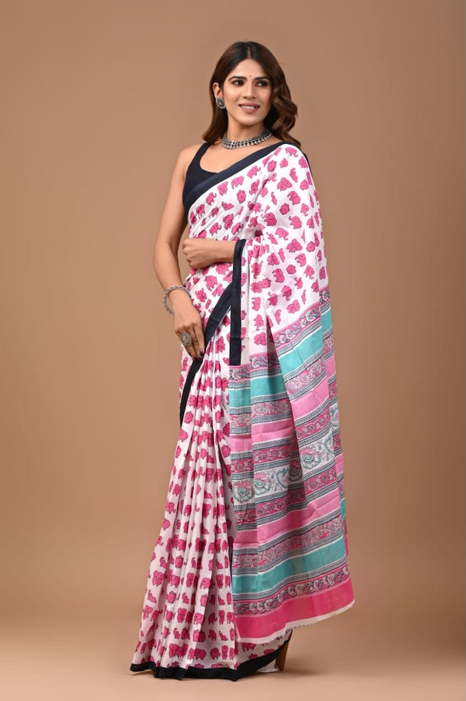 Elephant Print Cotton Mulmul Block Printed Saree