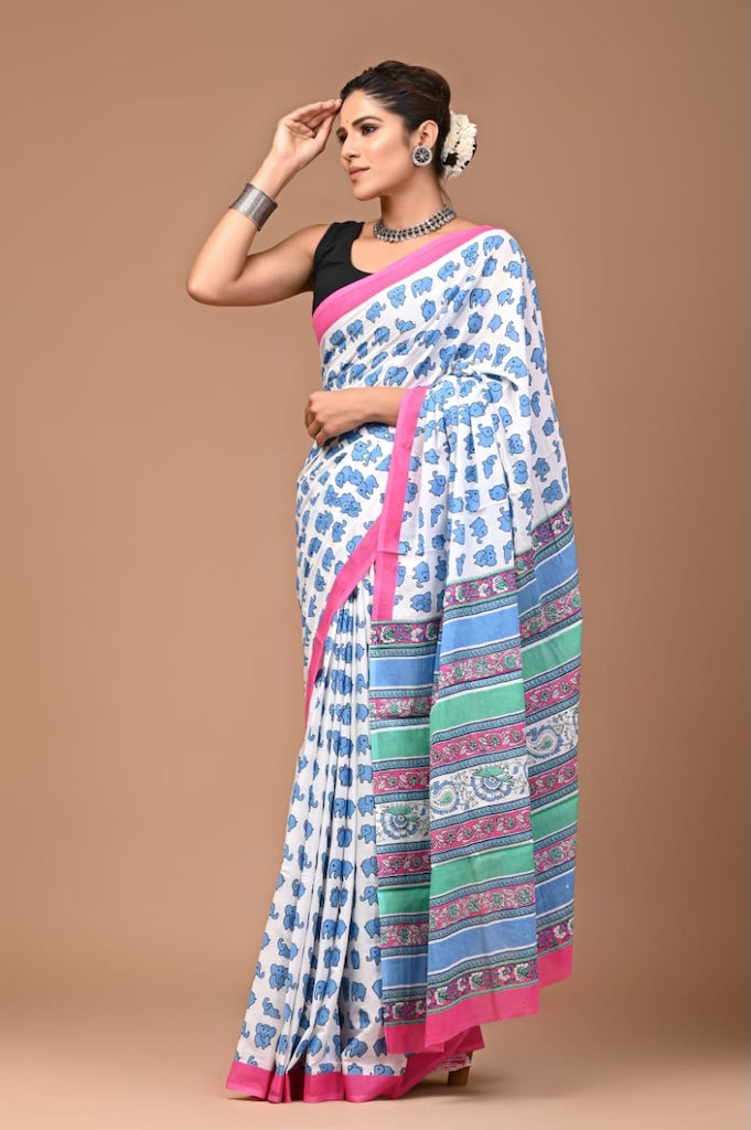 Elephant Print Cotton Mulmul Block Printed Saree