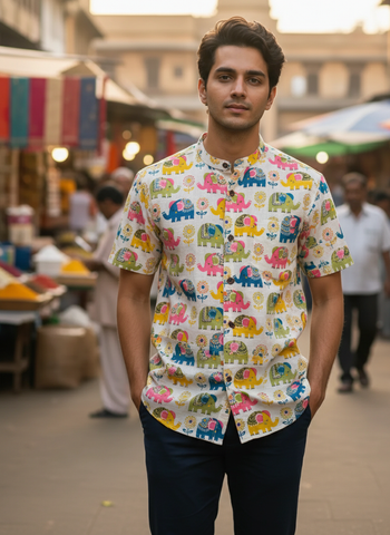 Mandarin Collar Elephant Print Cotton Shirt For Mens