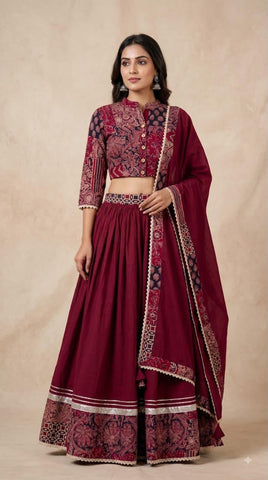 Bagru Hand Block Printed Designer Top & Skirt With Cotton Dupatta