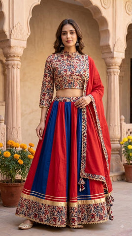 Bagru Hand Block Printed Designer Top & Skirt With Cotton Dupatta
