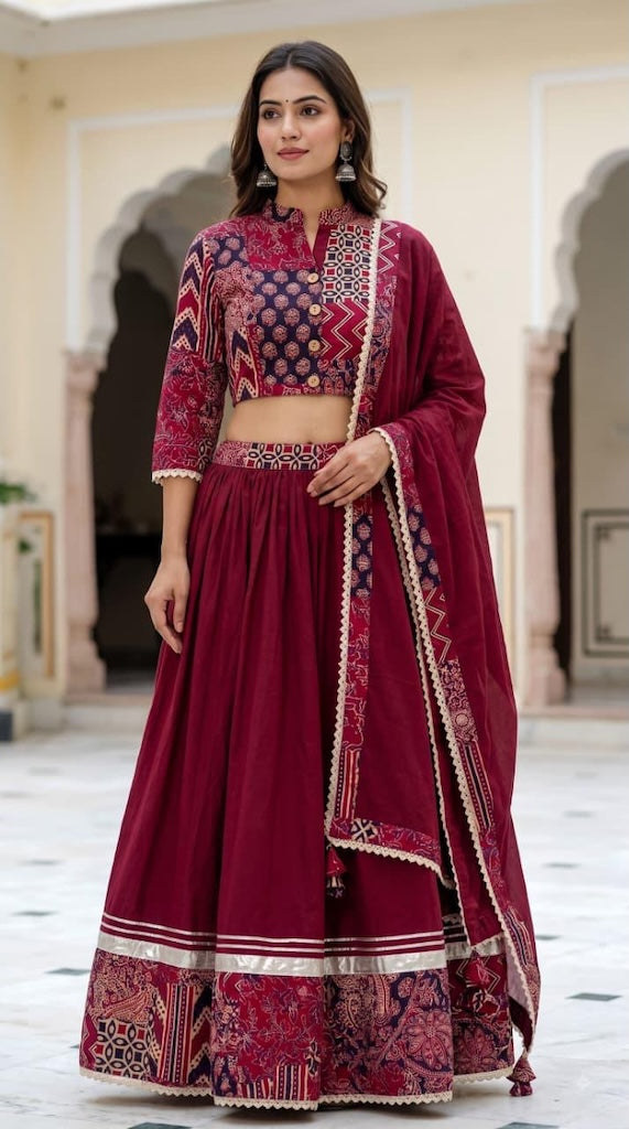 Bagru Hand Block Printed Designer Top & Skirt With Cotton Dupatta